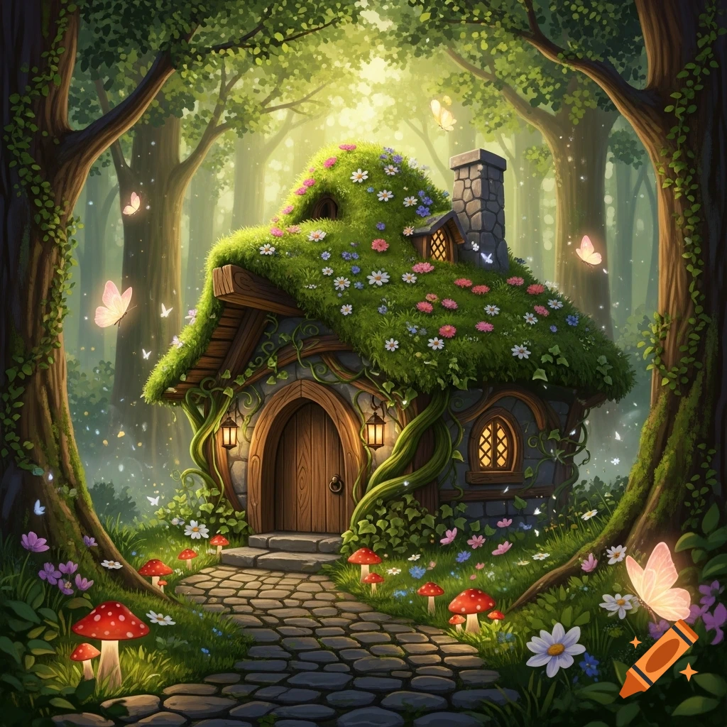 A whimsical fairy cottage with a mossy roof and flowers, nestled in a magical forest with glowing butterflies and mushrooms.