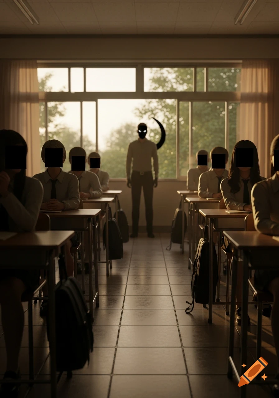 Eerie school classroom scene with students having blacked-out faces and a dark silhouette with glowing eyes watching from outside a window.