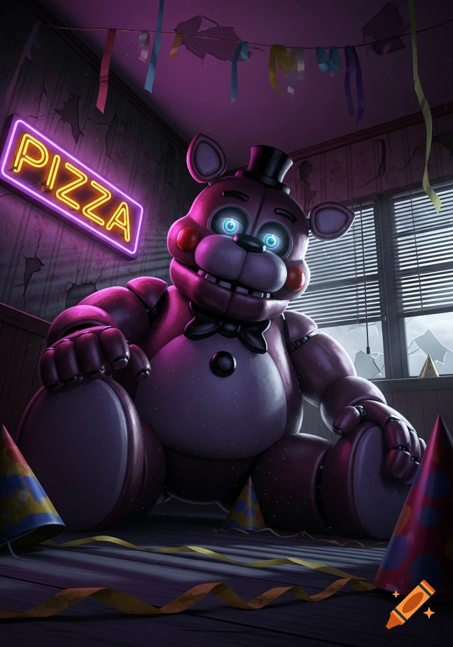 A large purple animatronic bear with glowing blue eyes sits in a dark, dilapidated room with a neon "PIZZA" sign and party decorations.