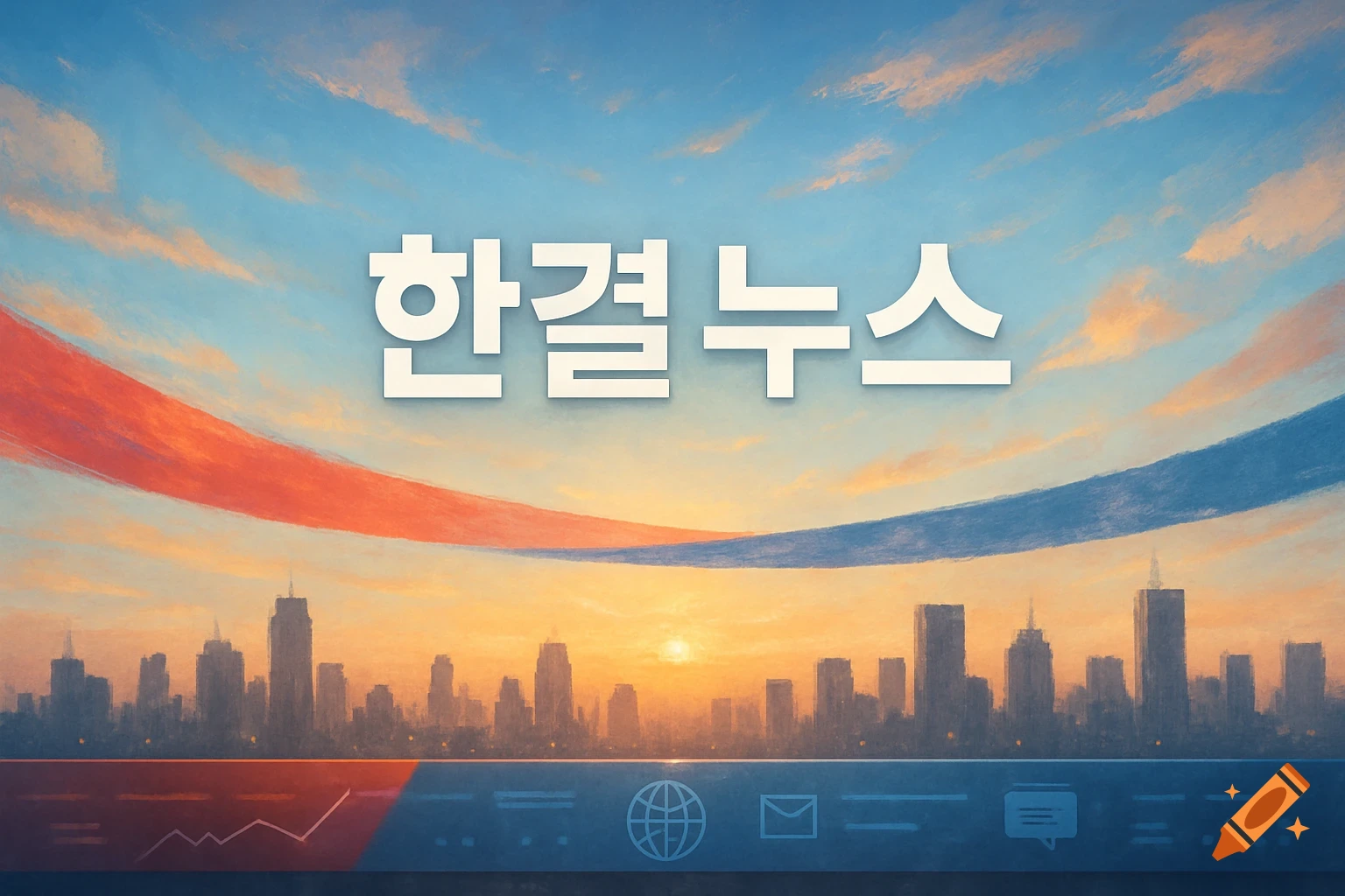 Stylized city skyline at sunset with " 한결 뉴스 " in white text, abstract red and blue lines, and UI elements on a bottom banner.