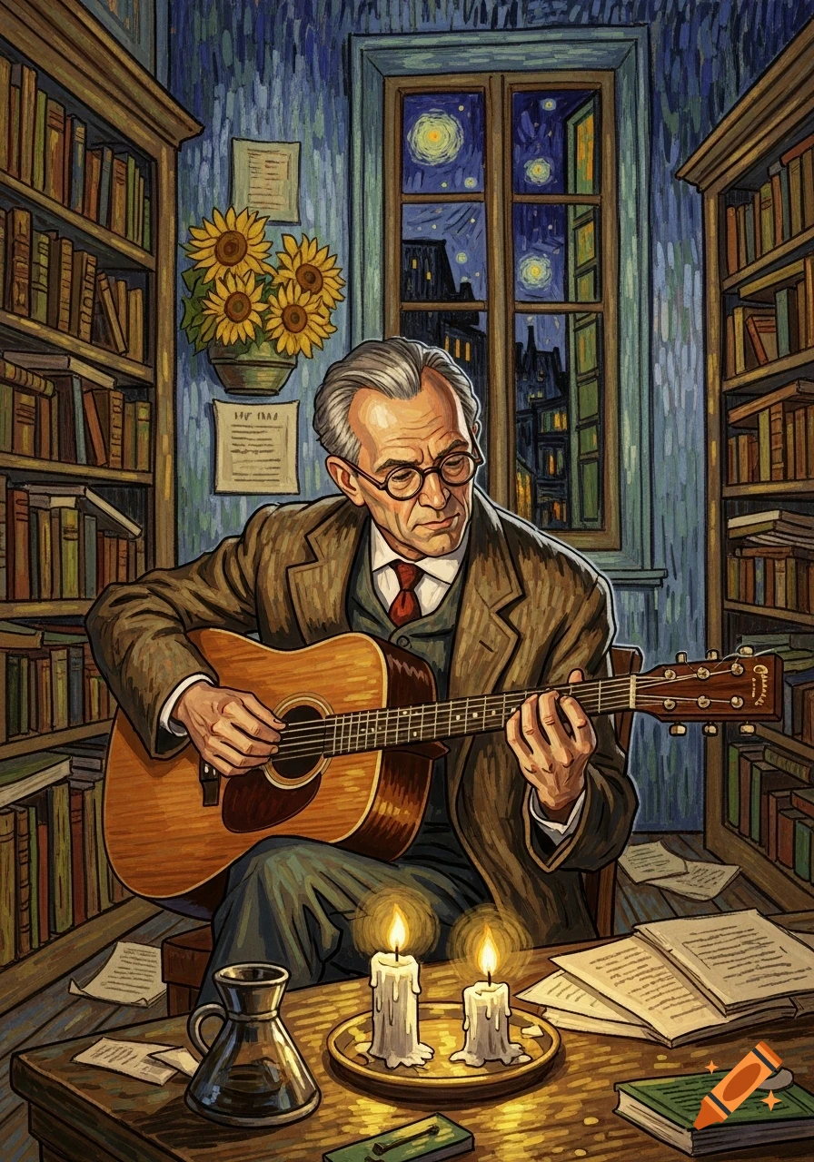 A grey-haired man plays guitar in a book-lined room, featuring sunflowers and a 'Starry Night' window, in the style of Van Gogh.