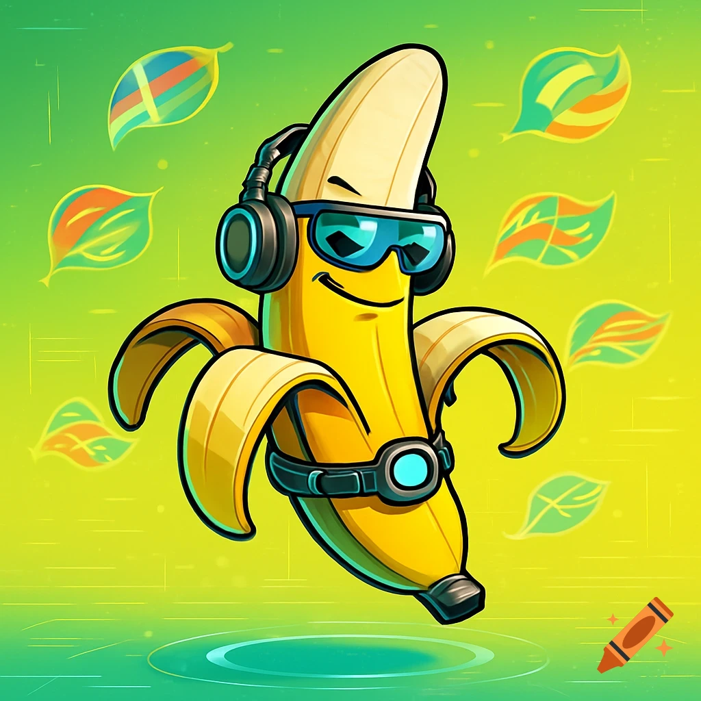 A cartoon banana wearing sunglasses and headphones floats on a green-yellow gradient background with colorful, stylized leaves.