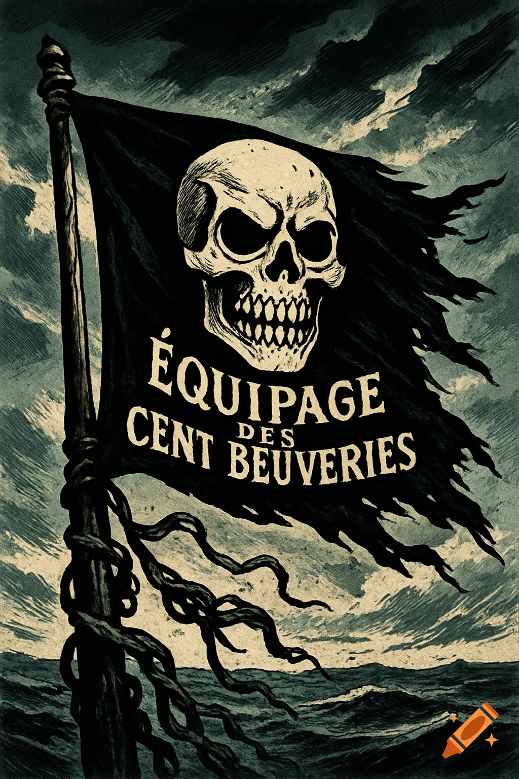 A tattered black pirate flag with a white skull and text "ÉQUIPAGE DES CENT BEUVERIES" flies over a stormy sea in a high-contrast vintage illustration style.