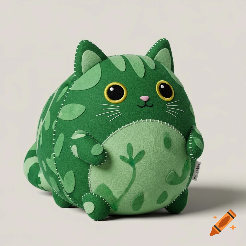 A round, green felt plush cat with darker green spots, big yellow eyes, and white stitching, on a plain background.