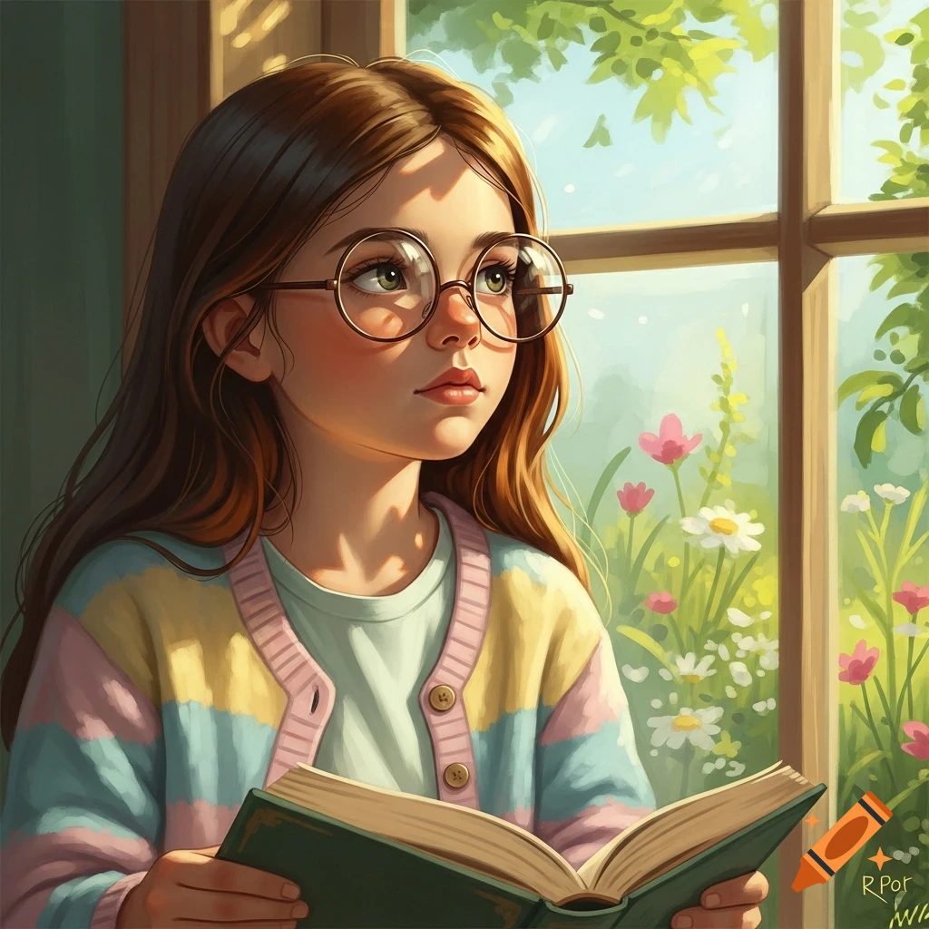 Illustrated young girl with glasses holding an open book, gazing out a window at a lush garden.