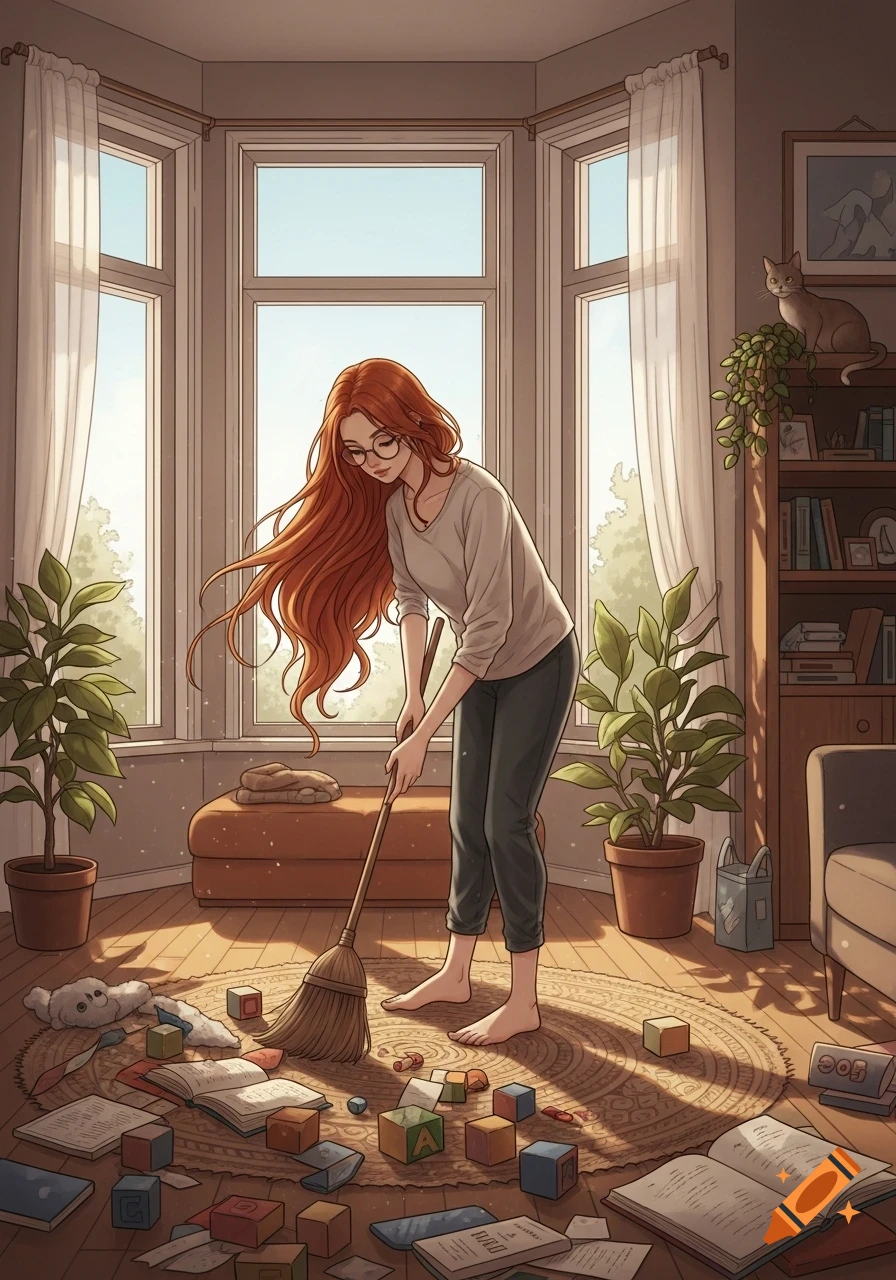 A stylized illustration of a woman with long red hair and glasses sweeping a messy room filled with books and toys. Sunlight streams through large windows.