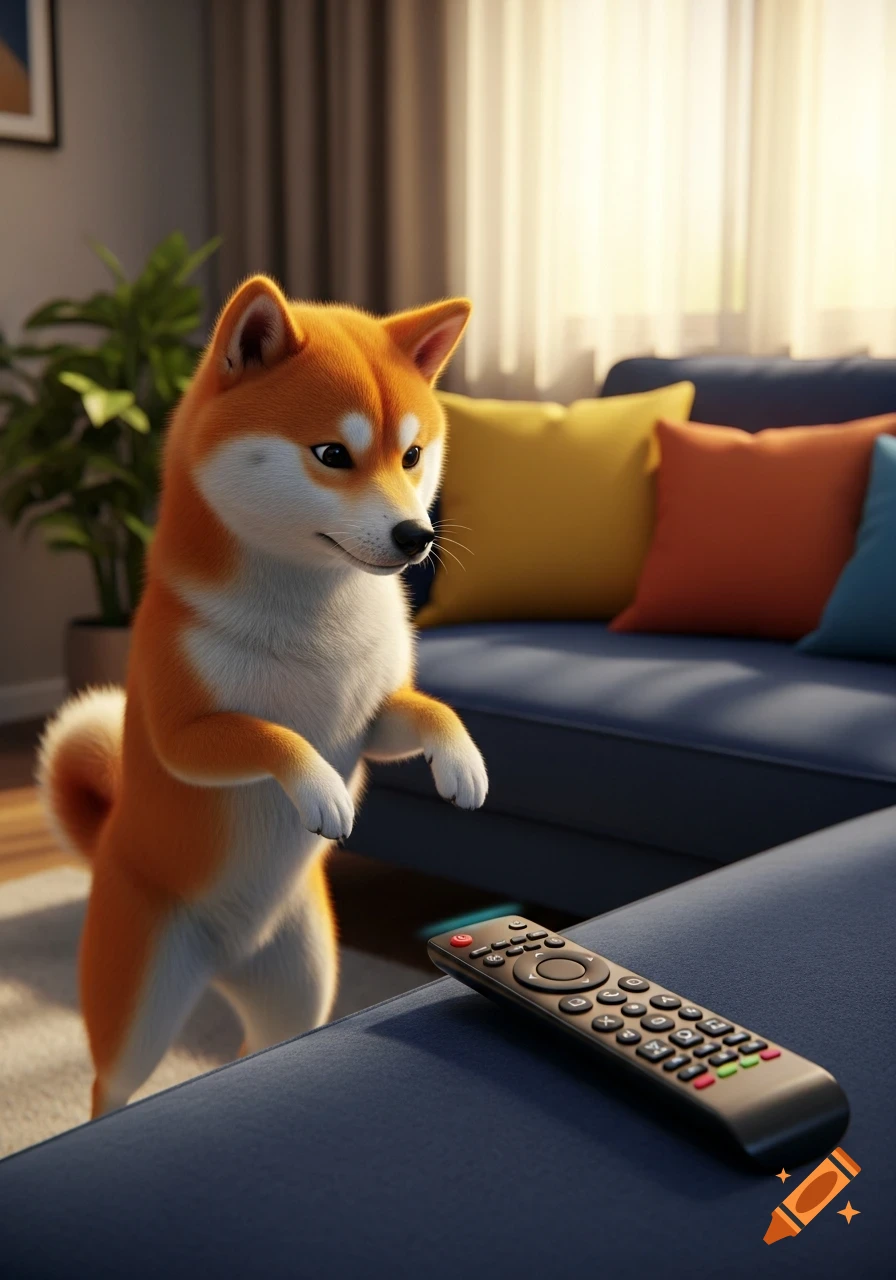 A fluffy Shiba Inu stands on its hind legs next to a blue sofa, looking intently at a TV remote in a sunlit living room.