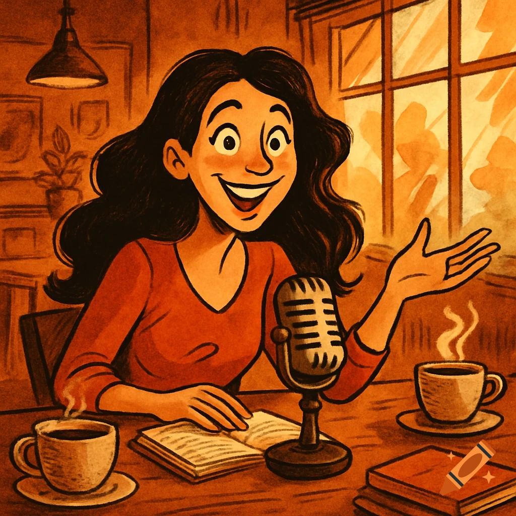 A smiling cartoon woman with dark hair sits at a desk with a microphone and coffee cups, gesturing, in an artistic illustration.