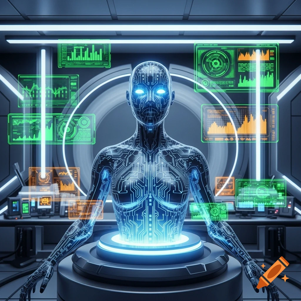 A glowing, circuit-patterned humanoid figure stands in a futuristic lab surrounded by holographic data screens.