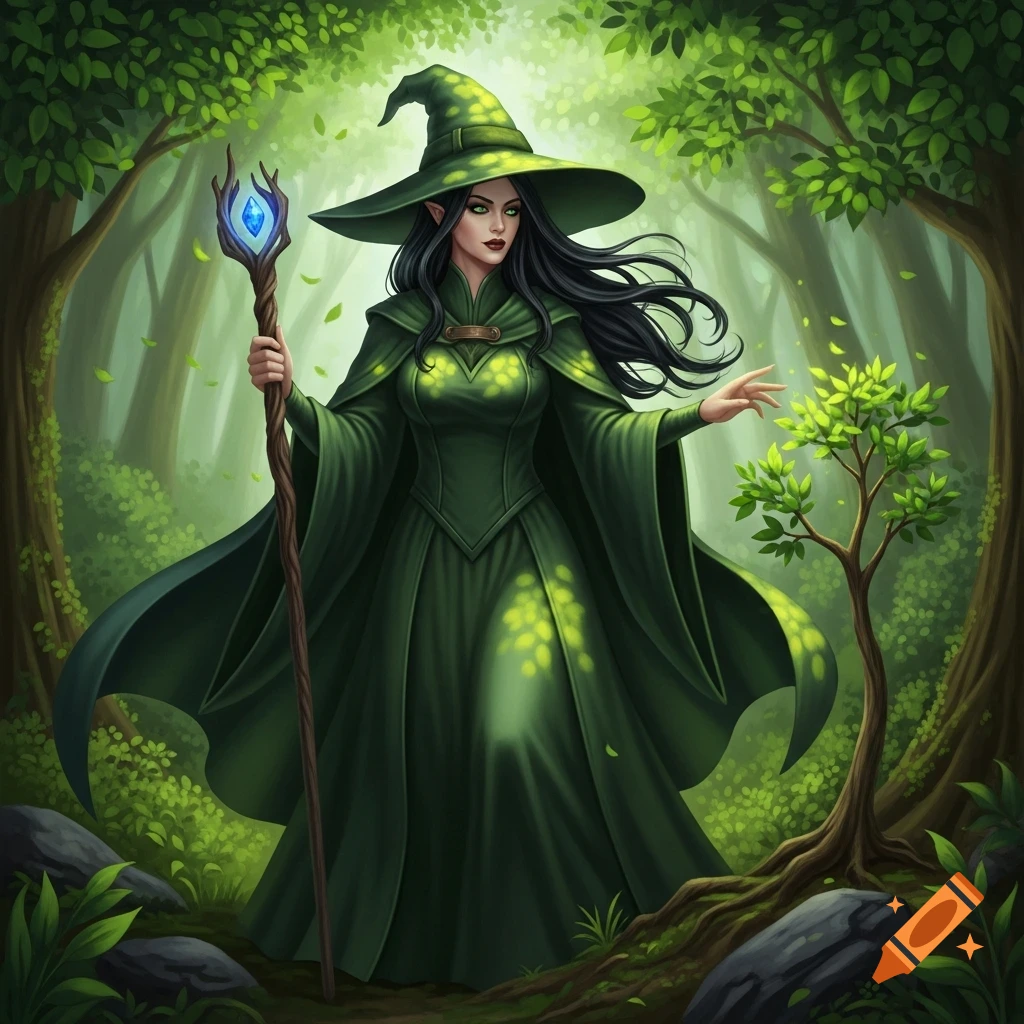 A dark-haired witch in a green gown and hat holds a glowing staff and grows a small plant in an enchanted forest, fantasy art style.