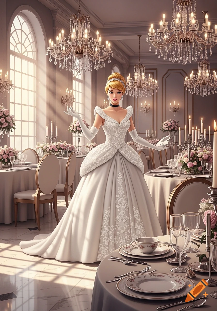 An illustrated Cinderella in an elegant white gown stands in a lavish ballroom with chandeliers and wedding table settings.