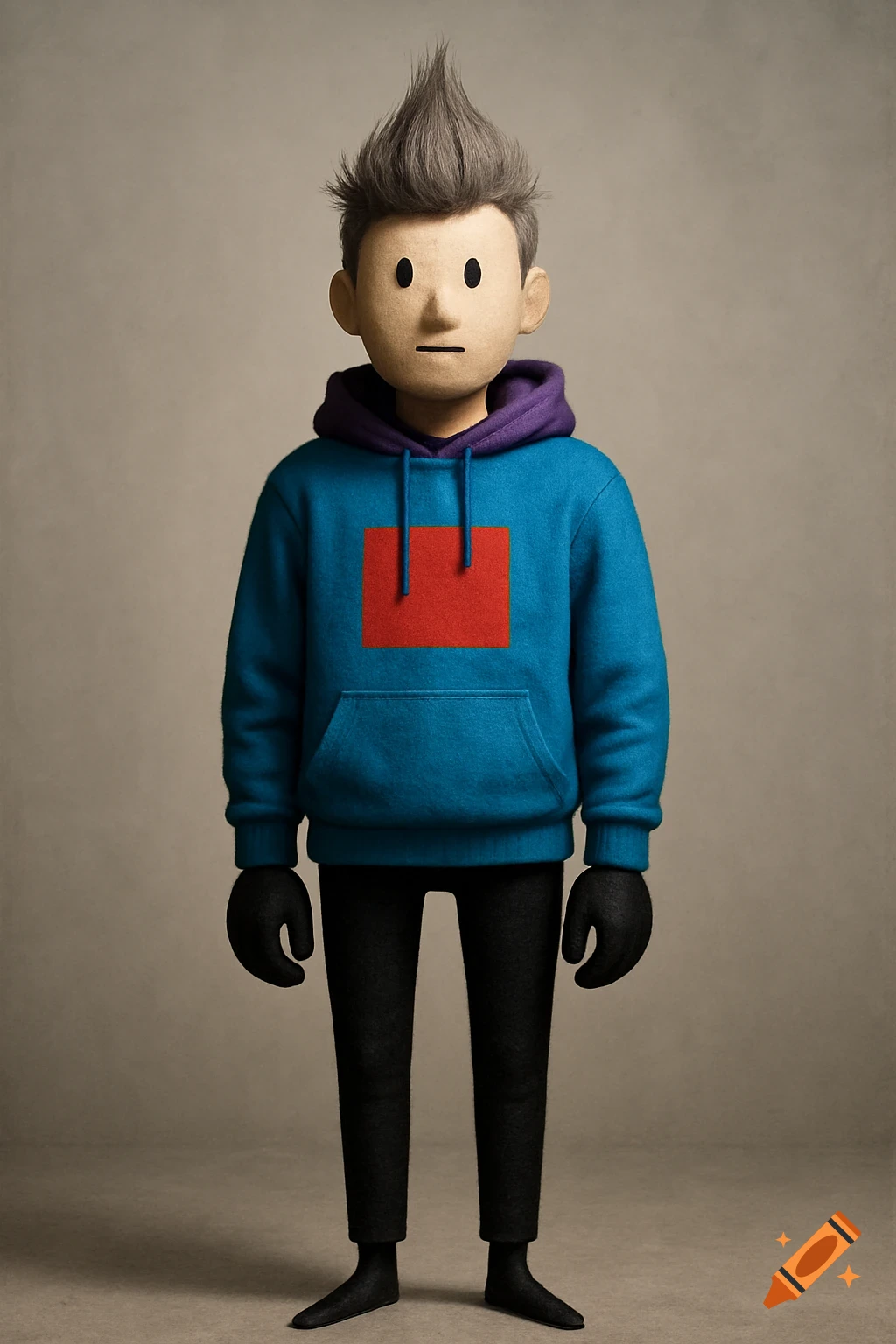 A stylized male character with spiky grey hair, simple black eyes and mouth, wearing a blue and purple hoodie with a red square, black limbs, in a realistic textured style.