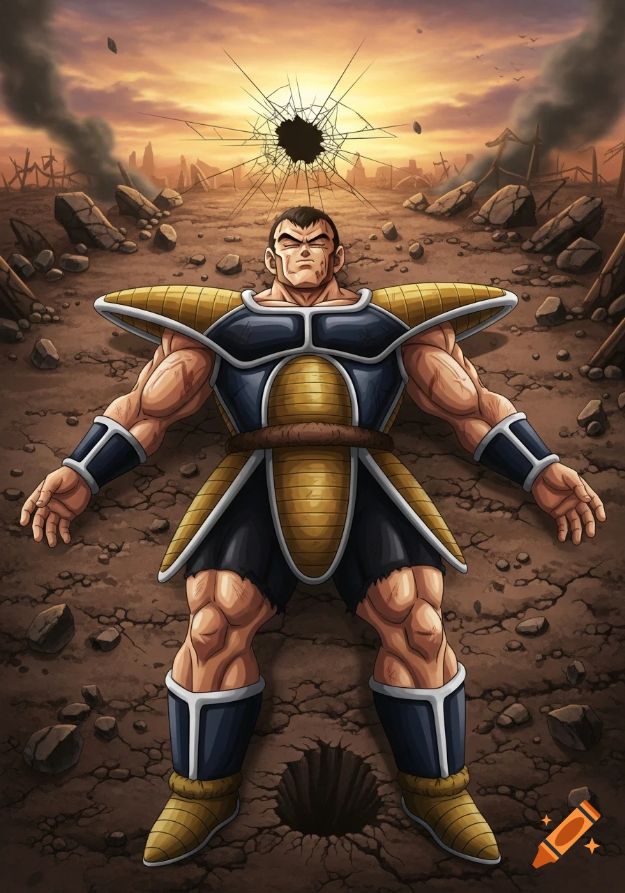 Nappa from Dragon Ball lies knocked out on his back in a war-torn, cracked landscape under a fiery sky in an anime style.