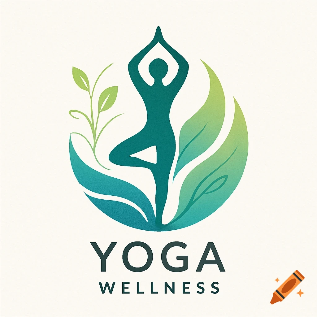 A teal silhouette of a person in a yoga tree pose, surrounded by green and teal leaves. Text below reads "YOGA WELLNESS".