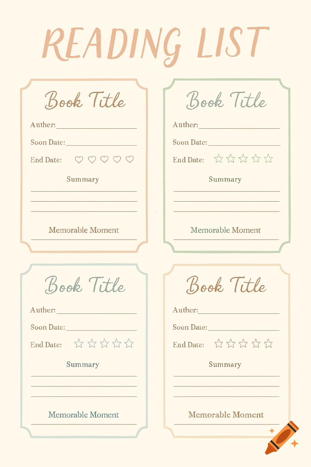A pastel-colored reading list template with four sections for book titles, authors, start/end dates, ratings, summaries, and memorable moments.