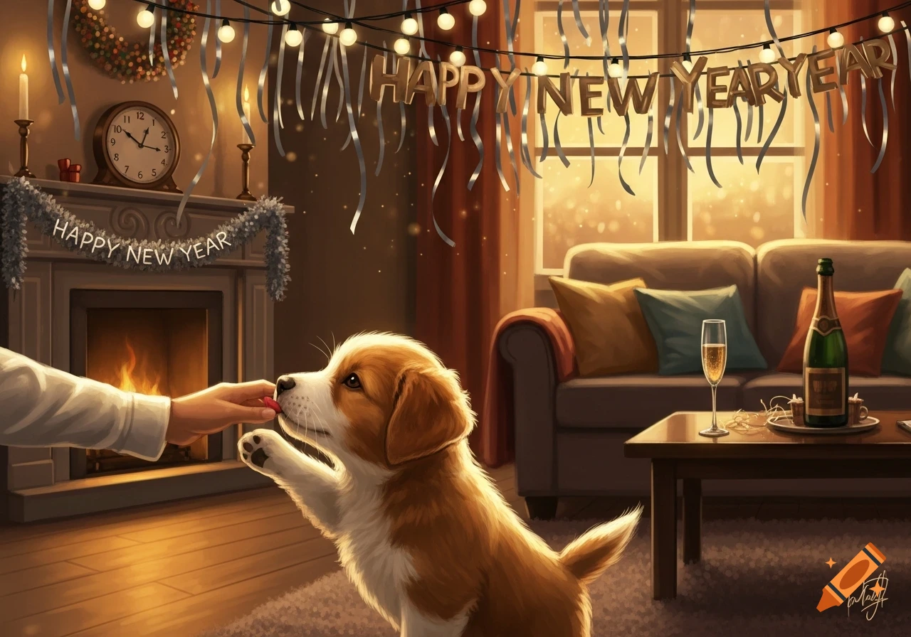 A puppy is fed a treat by a person's hand in a cozy room decorated for New Year's Eve, with a fireplace and twinkling lights.