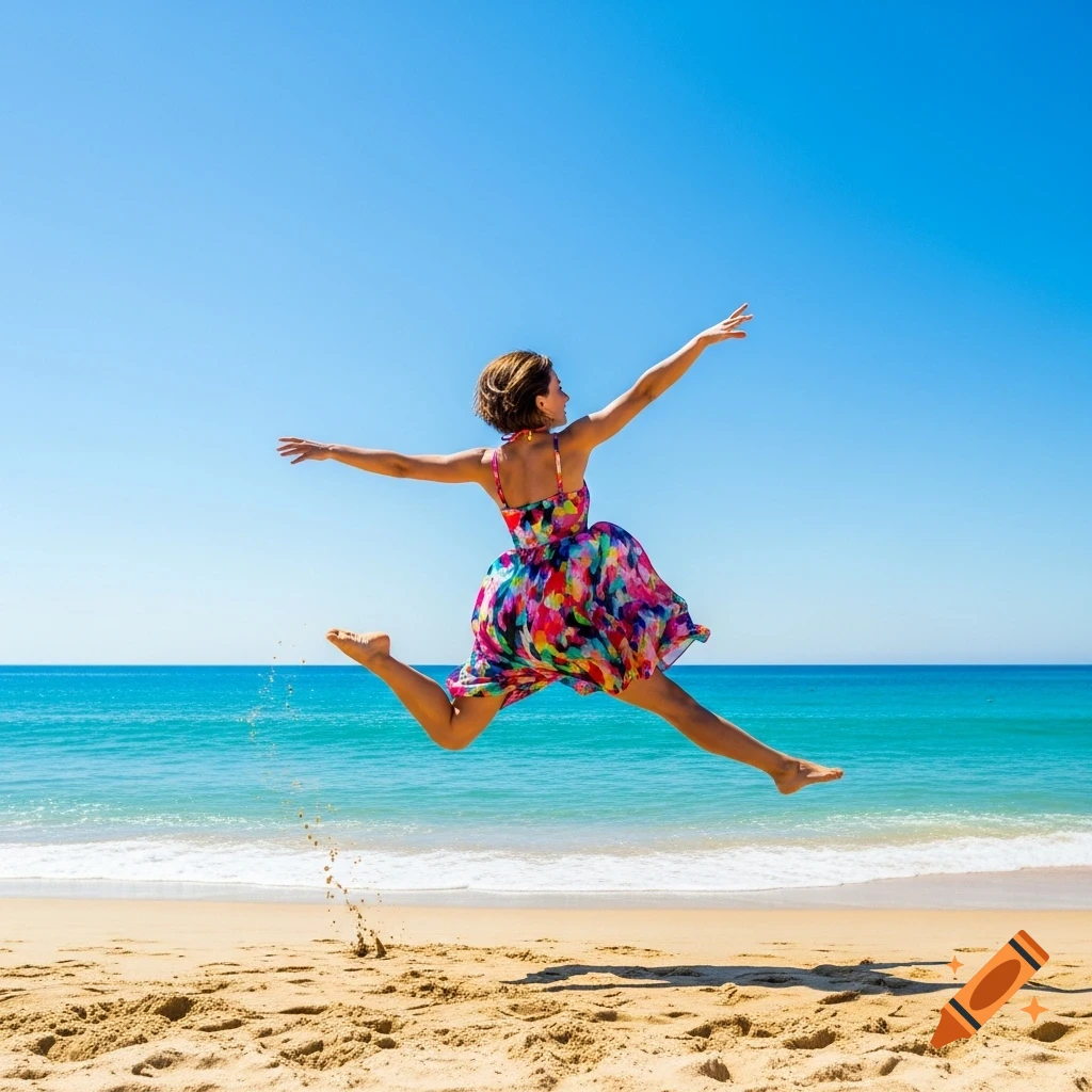 Woman in a colorful dress jumping high on a sunny beach with clear blue sky and turquoise ocean.