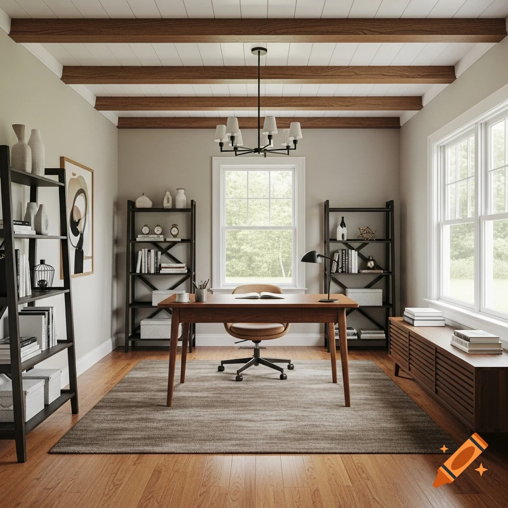 A stylish mid-century modern home office with a wood desk, leather chair, bookshelves, a striped rug, and large windows.