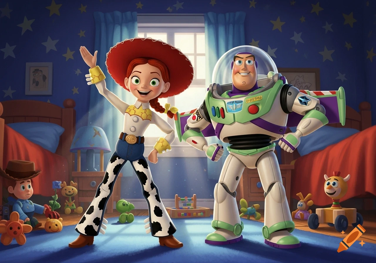 Jessie and Buzz Lightyear stand smiling in a child's bedroom filled with toys.