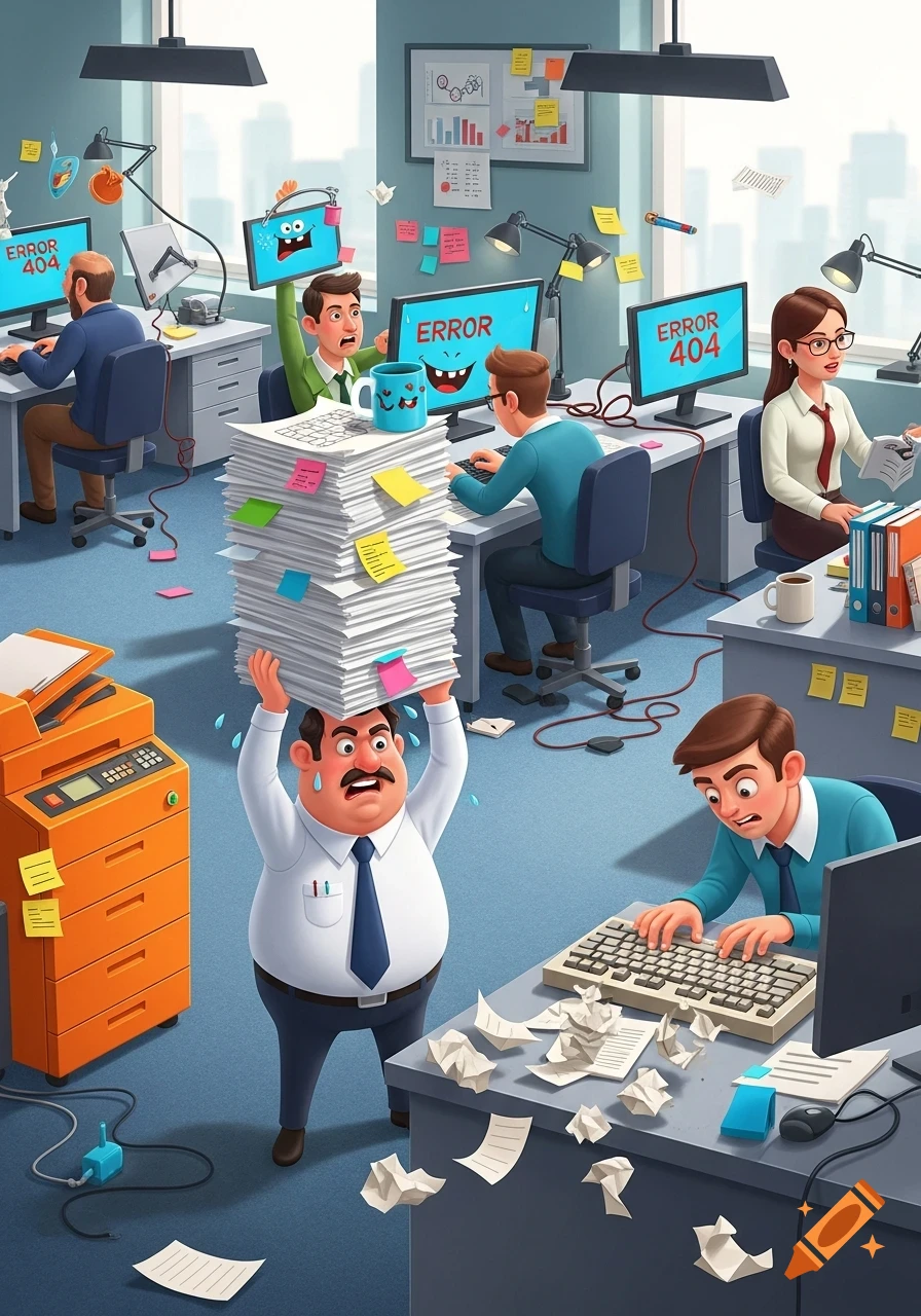 A satirical cartoon of a chaotic office where stressed workers deal with overflowing paperwork and computer errors.