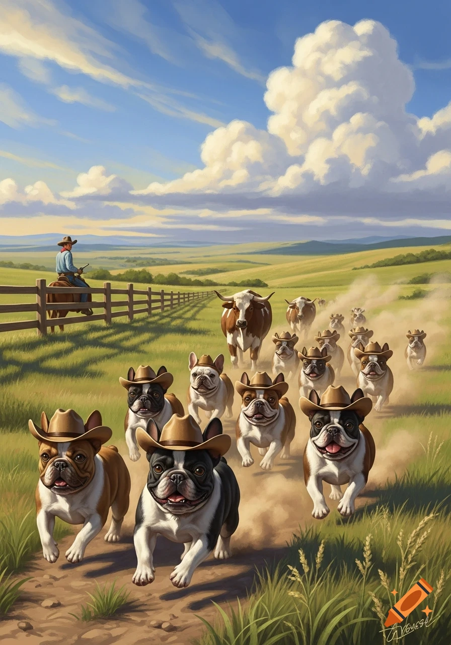French bulldogs in cowboy hats run across a sunny green prairie, herding cows, with a cowboy on horseback in the background.