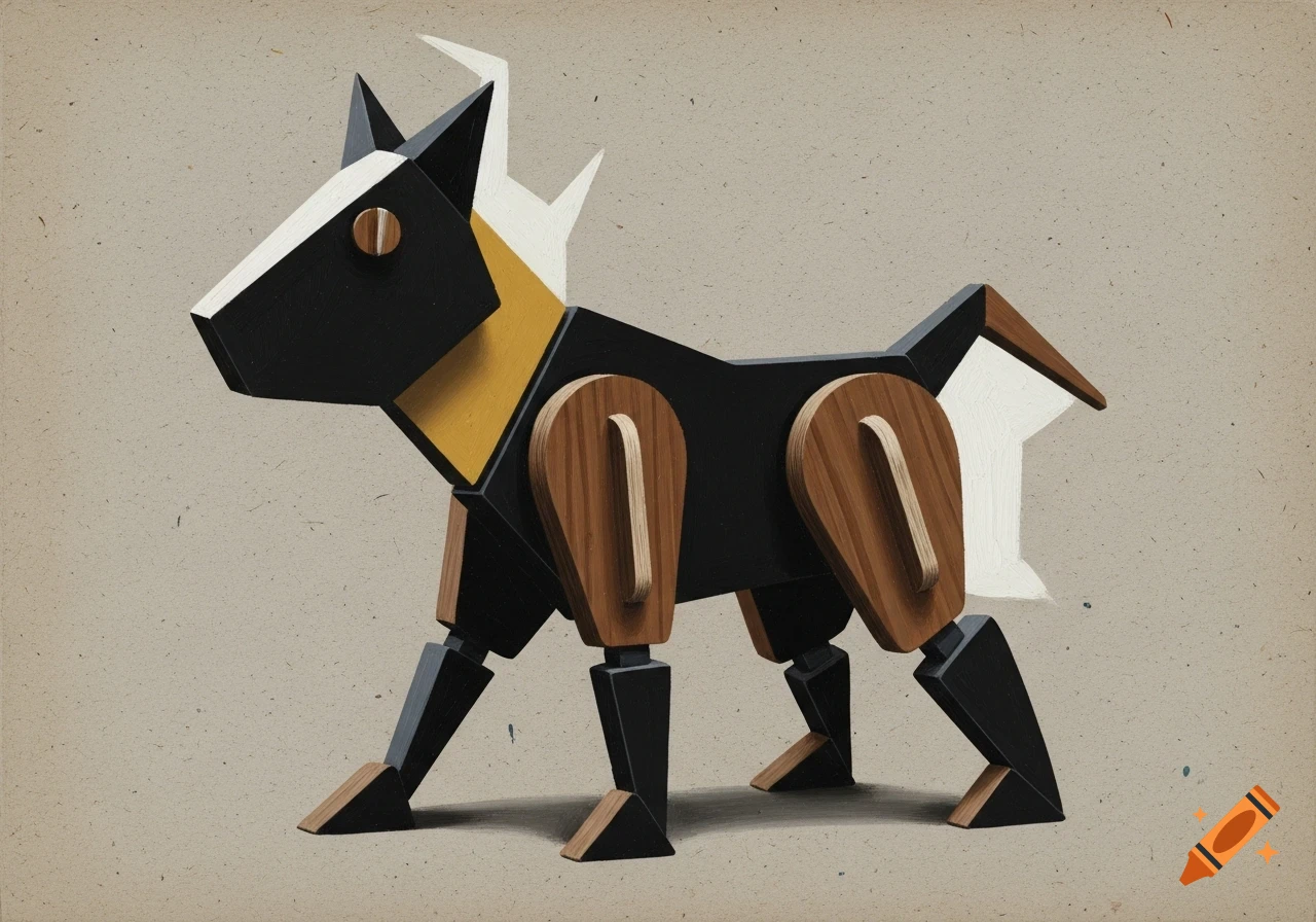 Abstract modernist oil painting of a stylized dog constructed from black, brown wood, ochre, and off-white geometric shapes.