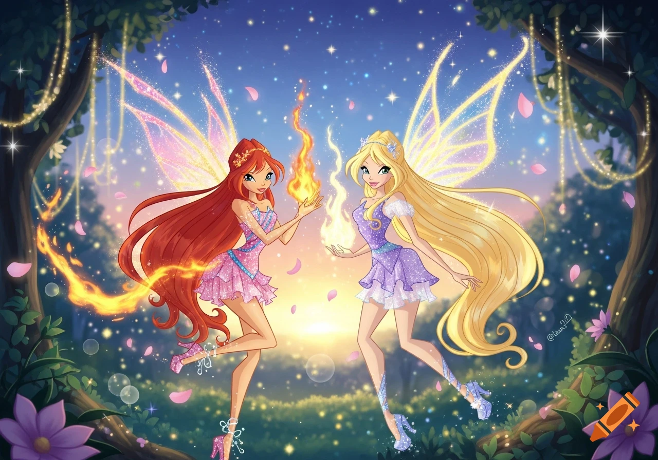 Two animated fairies, Bloom with red hair and fire, Stella with blonde hair and light, pose in a magical forest at sunset.