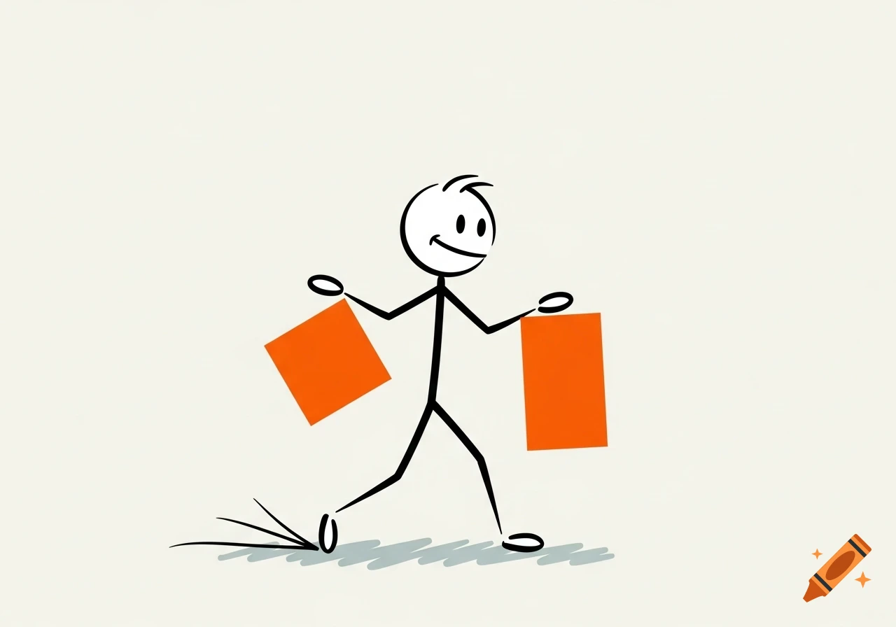 A smiling stick figure walks, carrying two orange rectangular patches in its hands.