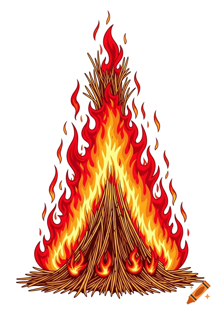Stylized clipart of a tall bonfire made of straw, with vibrant red and orange flames against a white background.
