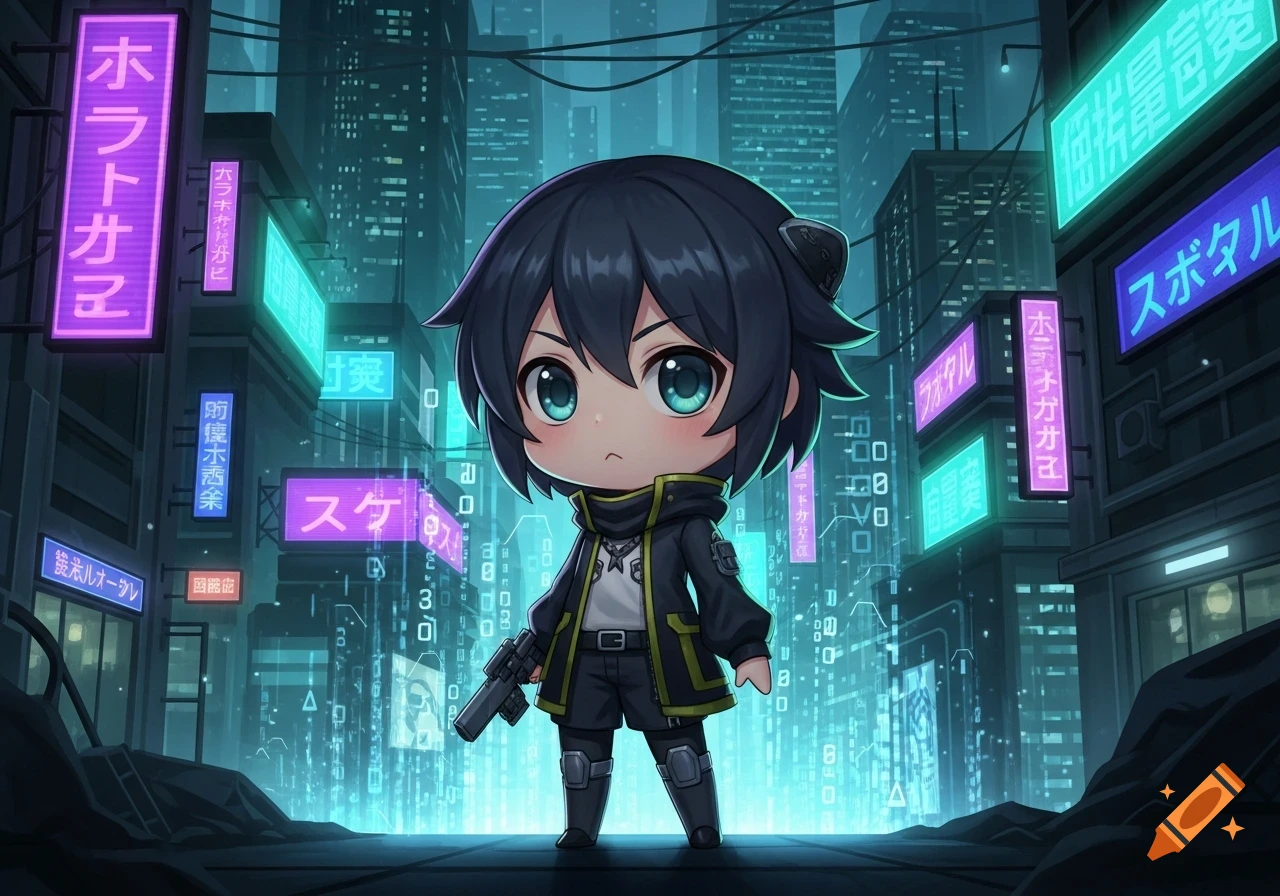 An anime chibi character with black hair and green eyes stands in a neon-lit cyberpunk city, holding a gun.