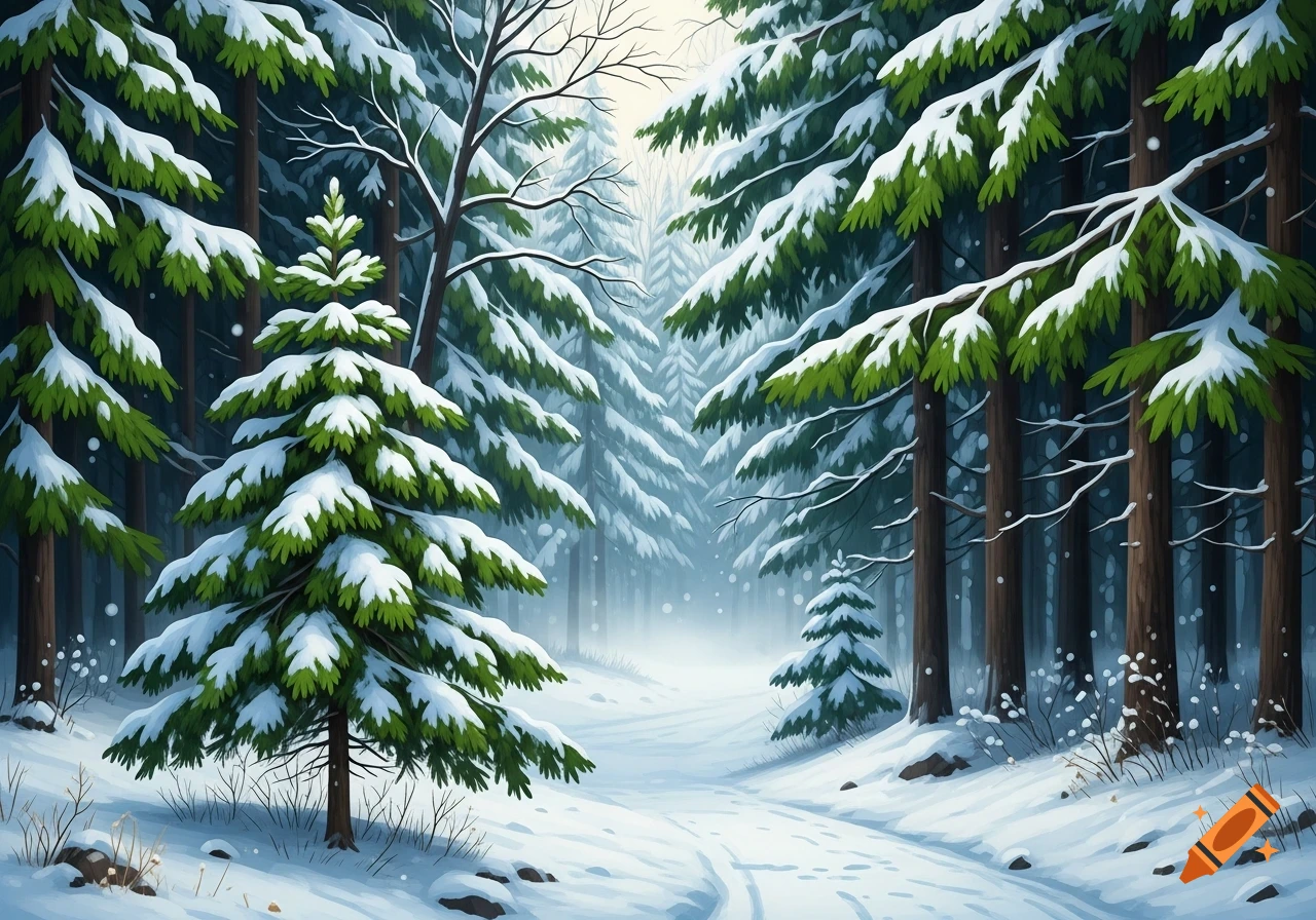 An illustrated winter forest scene with snow-covered fir trees lining a path through the woods.