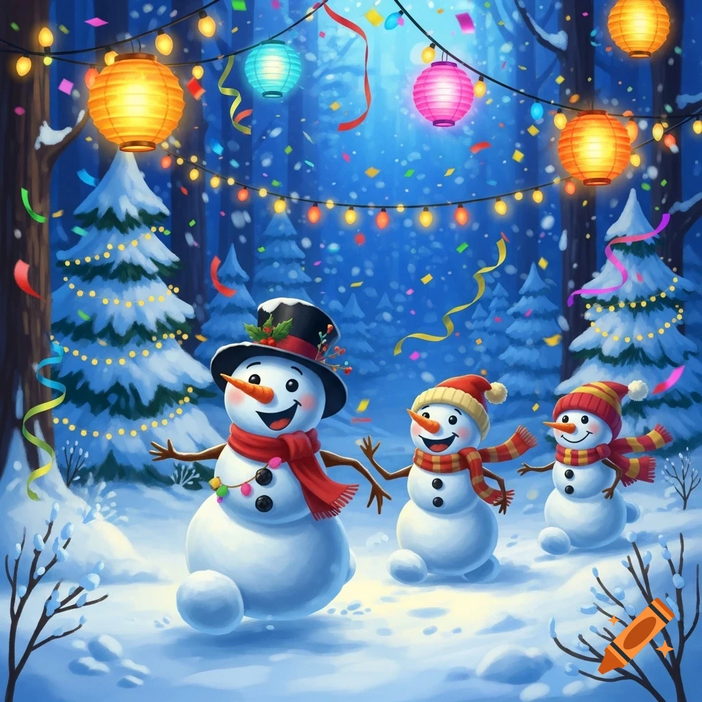 Three cheerful snowmen in a festive, snowy forest with colorful lanterns, string lights, and falling confetti.