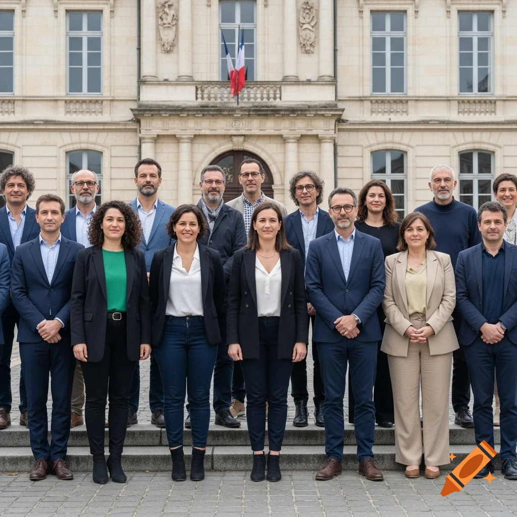 A diverse group of men and women, municipal election candidates, stand in front of a French city hall, photorealistic.