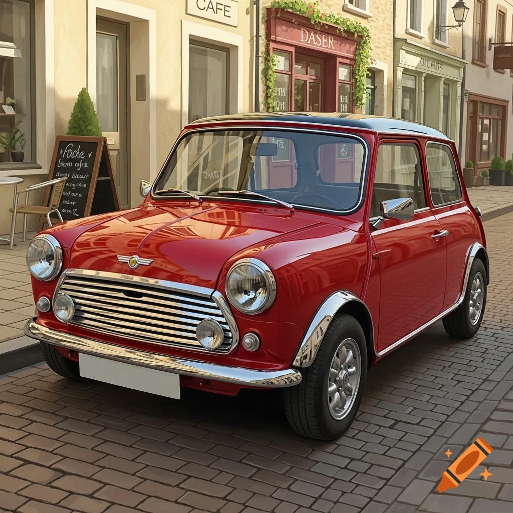 A shiny red Mini Cooper with a black roof is parked on a cobblestone street in front of European-style buildings.