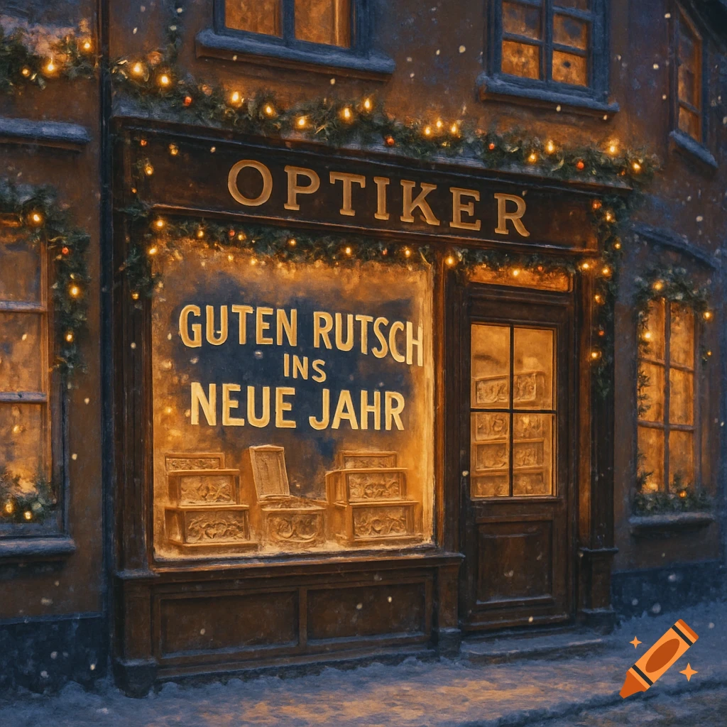 A warmly lit optician's shop, 'Optiker', decorated with festive lights and garlands, displaying 'Guten Rutsch ins neue Jahr' in a snowy evening.