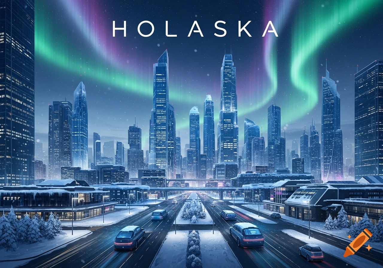 A futuristic city with snow-covered skyscrapers and roads under a vibrant aurora borealis sky, with the word "HOLASKA" floating above.