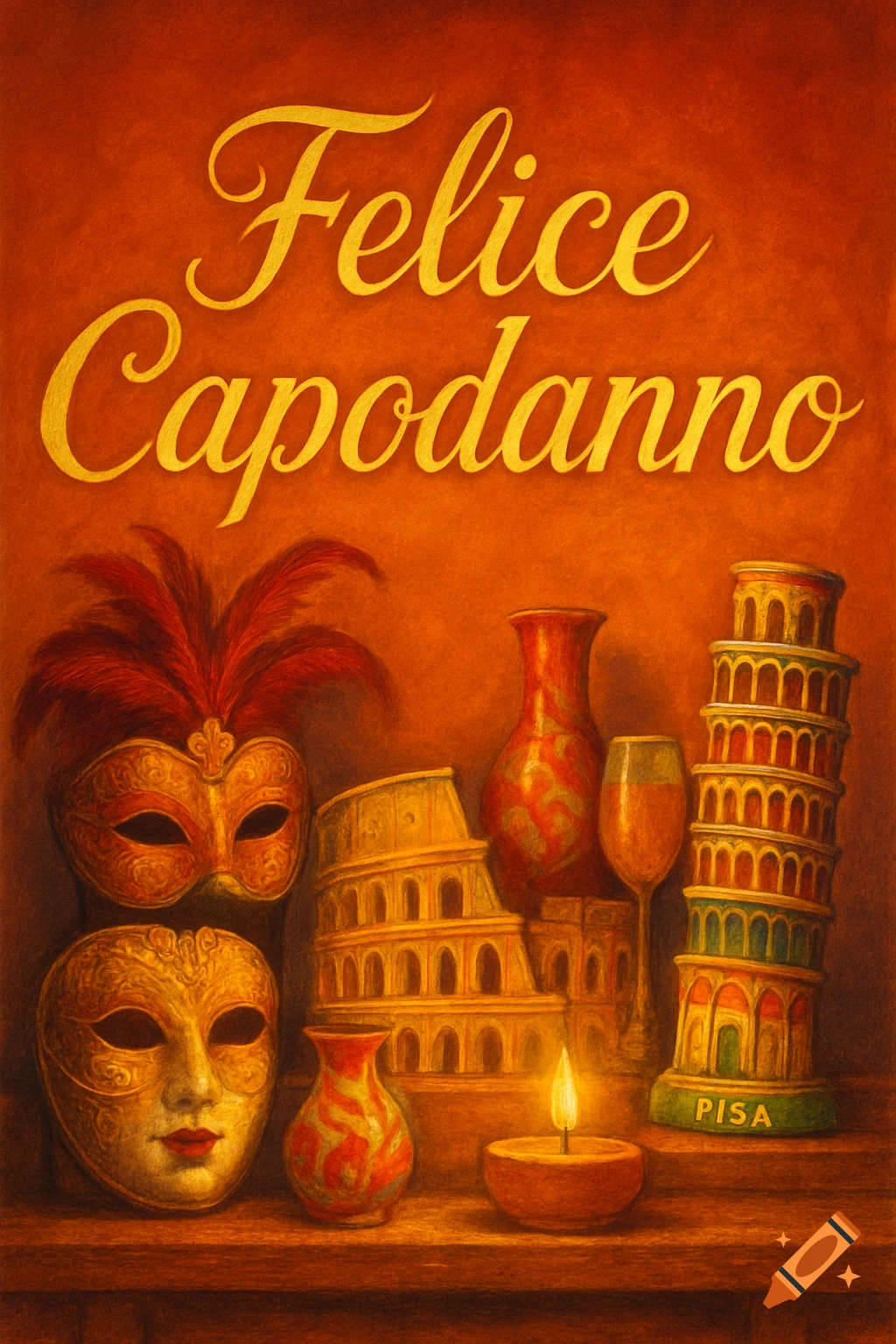 A painterly illustration with 'Felice Capodanno' text, Venetian masks, the Colosseum, Leaning Tower of Pisa, vases, and a candle on a warm orange background.