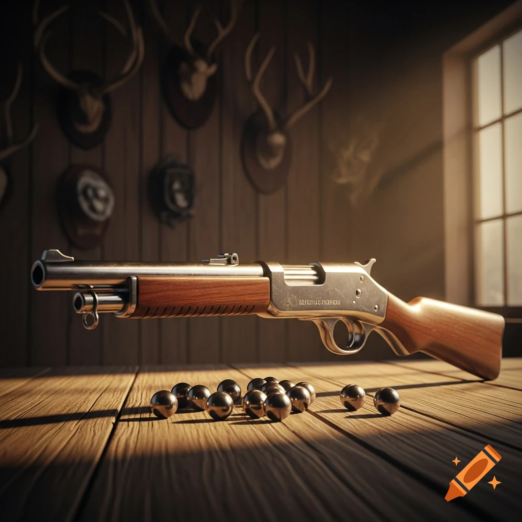 A vintage-style rifle and metallic pellets rest on a wooden table, illuminated by sunlight, with deer mounts on a rustic wall.