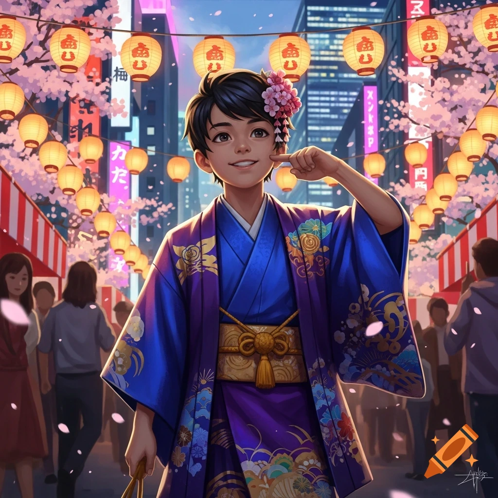 An anime-style boy in a blue and purple kimono smiles, touching his cheek, standing in a lively Japanese festival street with cherry blossoms and glowing lanterns.