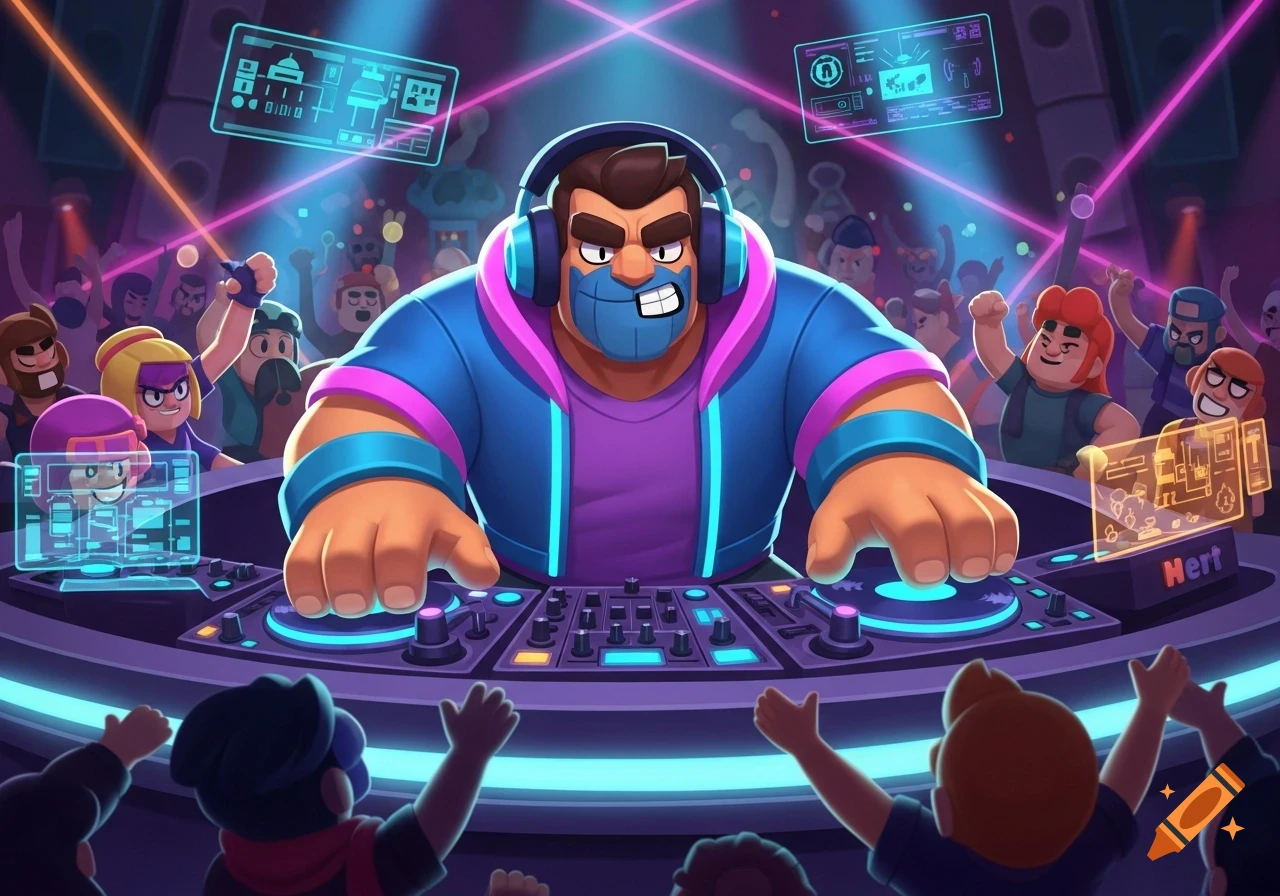 Frank from Brawl Stars as a DJ, wearing headphones and blue and pink jacket, intensely mixing music on a console for a cheering crowd under neon lights.