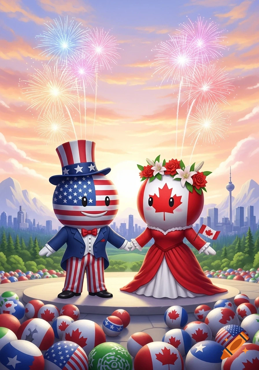 Cartoon USA and Canada characters hold hands, with fireworks lighting up the sky over a city and mountains.