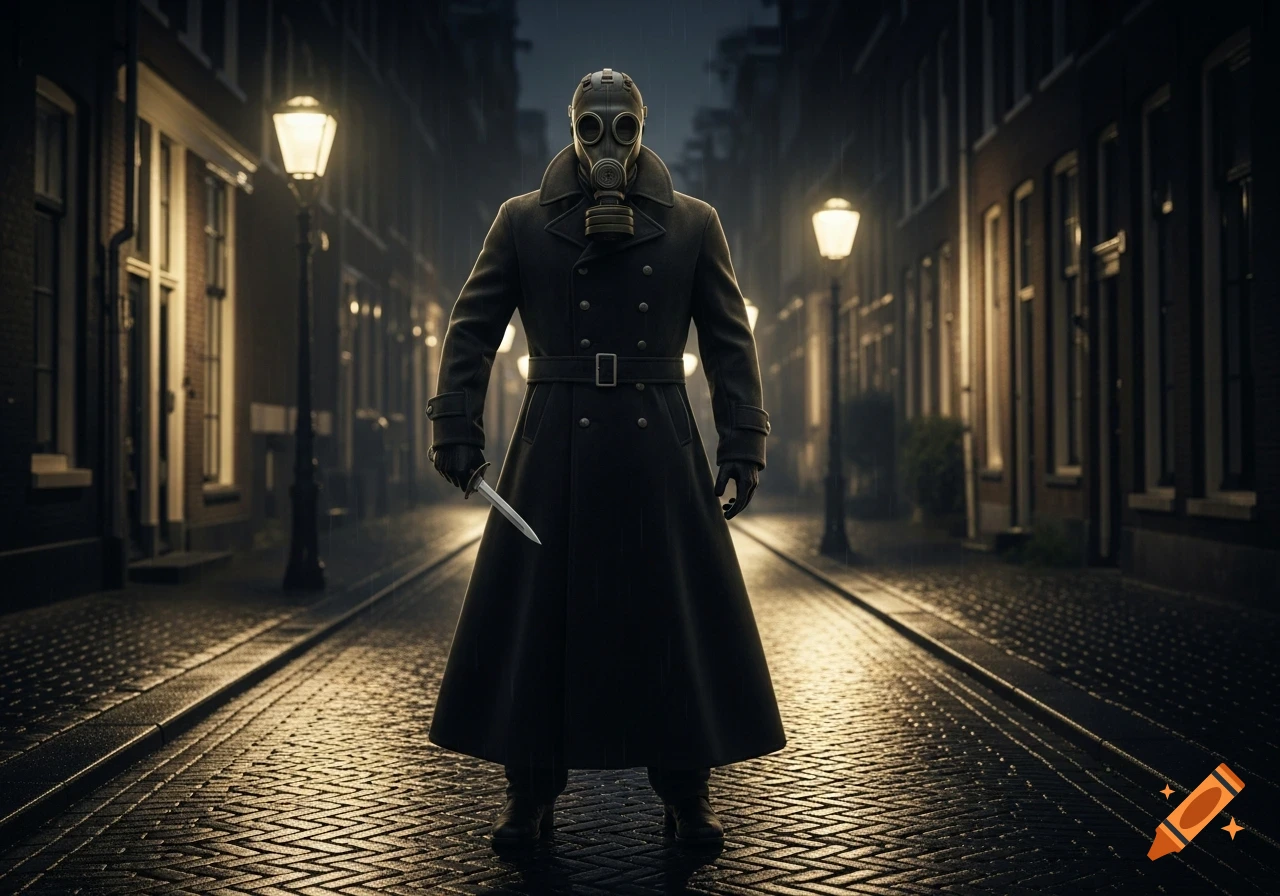 A figure in a gas mask and a long black coat stands in a rainy, dark city alley, holding a knife. Streetlights illuminate the wet cobblestones in this photorealistic image.