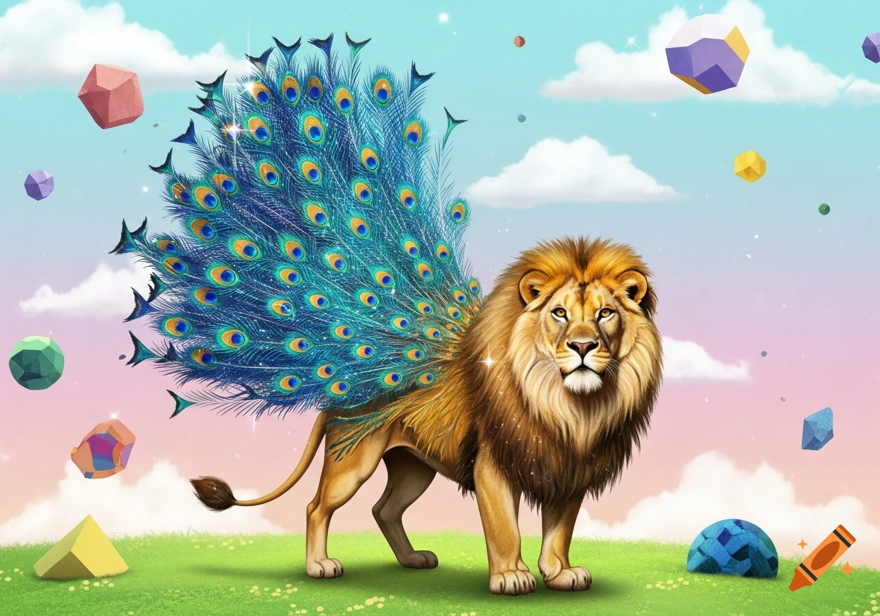A majestic lion with a large, vibrant blue peacock feather tail stands on a green hill under a pastel sky with floating geometric shapes.