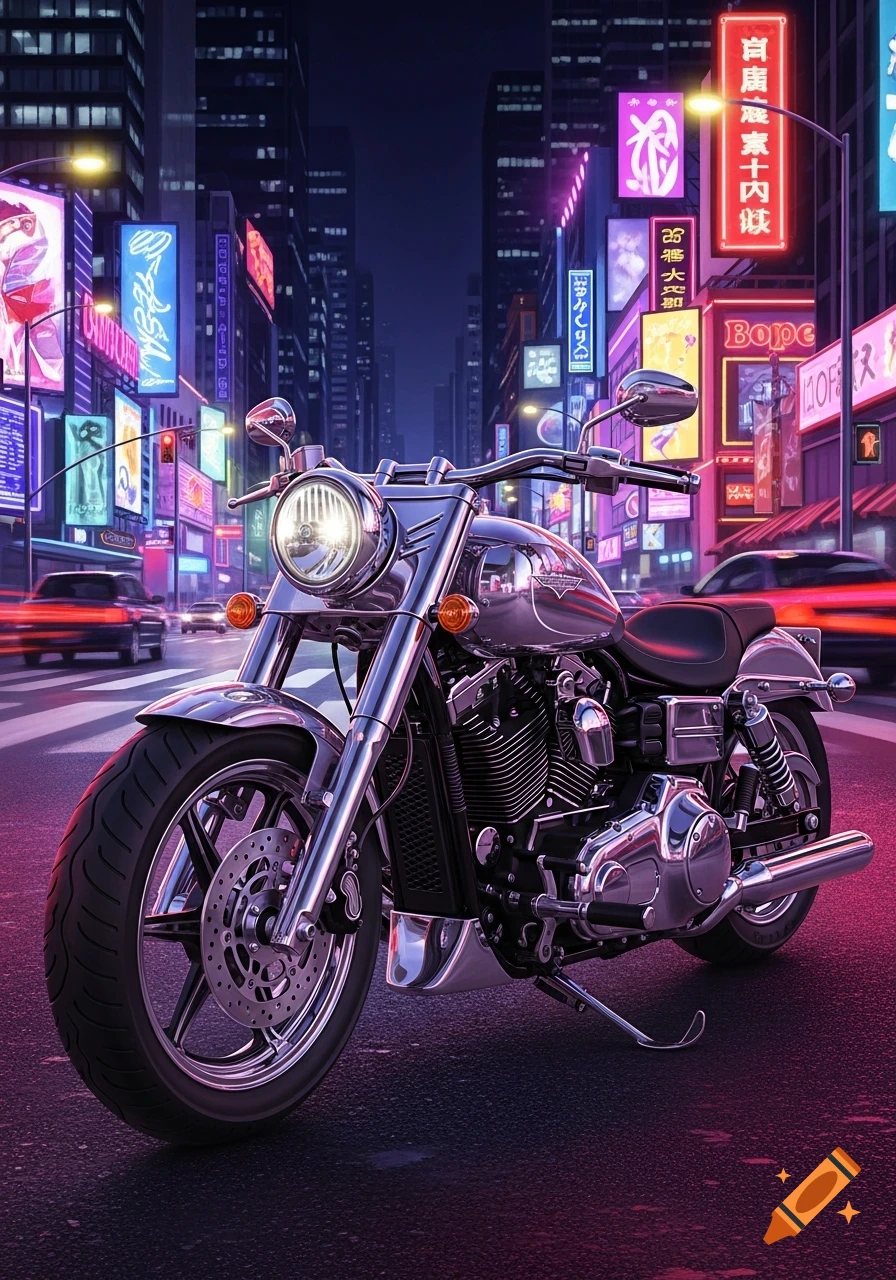 A chrome cruiser motorcycle parked on a wet street at night, with a cyberpunk-style city skyline and numerous glowing neon signs in the background.