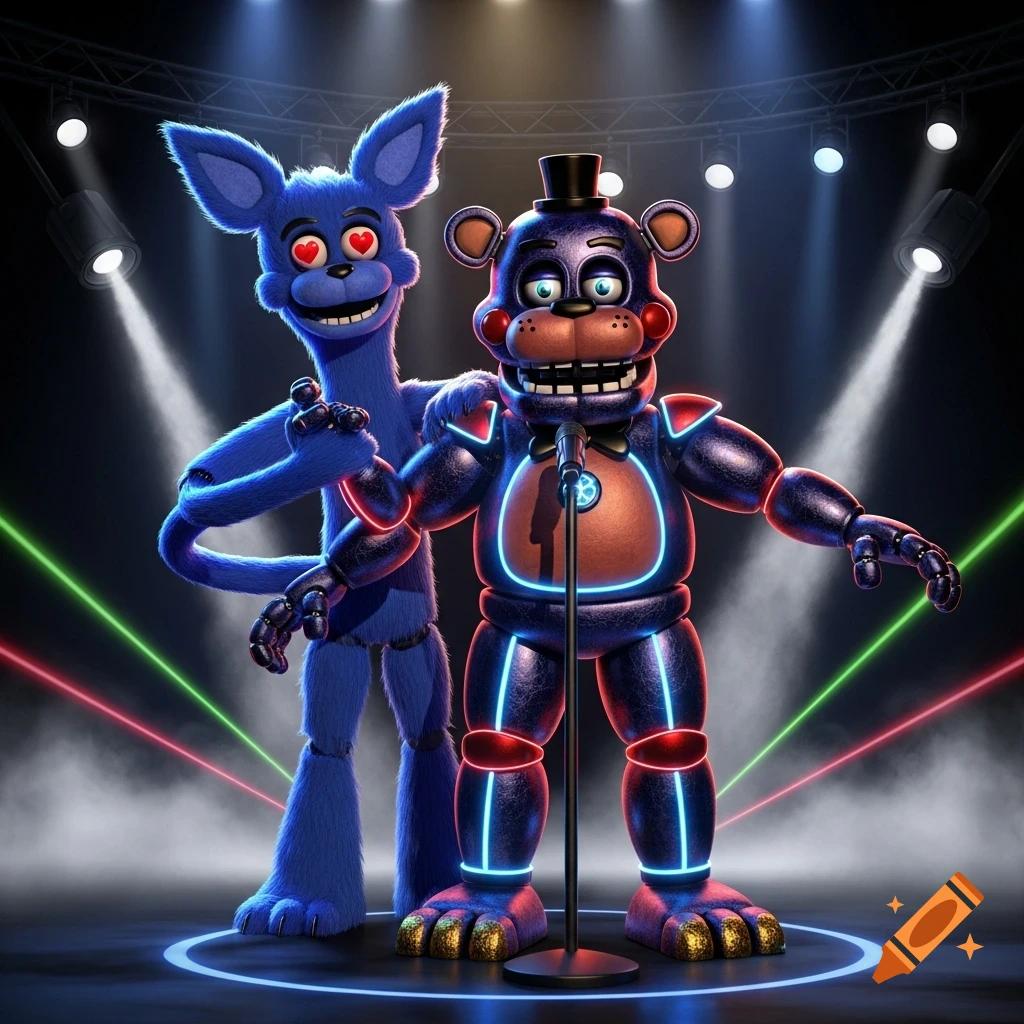 A blue furry character with heart-shaped eyes and a dark animatronic bear with neon accents stand on a stage with spotlights and laser lines.