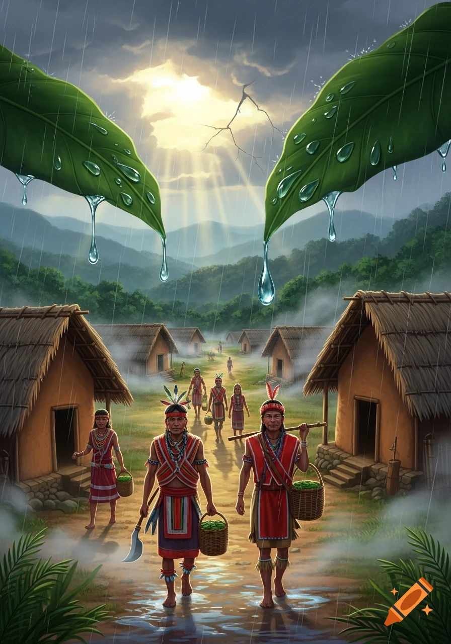 Tribal villagers in traditional attire walk through a muddy village path after rain, carrying baskets. Sun rays pierce clouds, with large rain-soaked leaves.