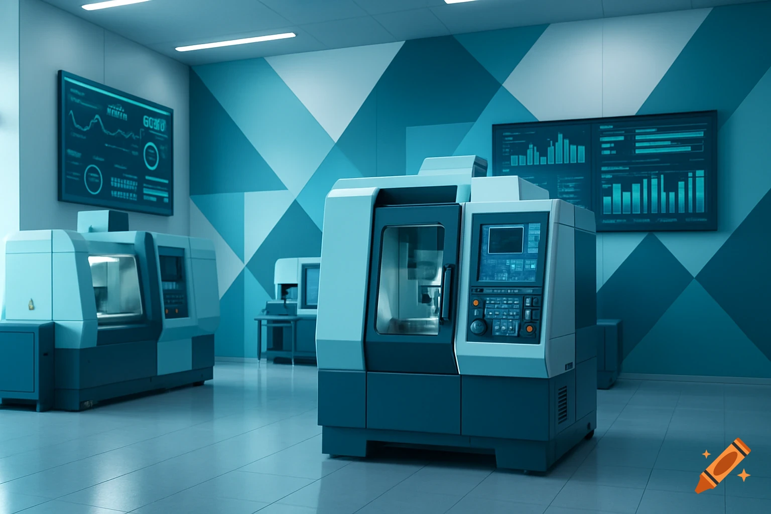 A modern manufacturing facility with teal and blue geometric wall patterns, featuring sleek CNC machines and digital displays showing data.