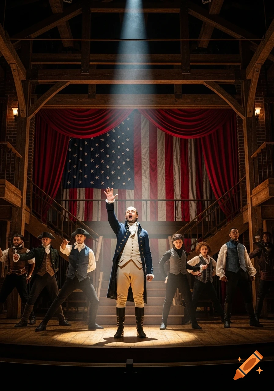 Actors in period costumes perform on a stage with an American flag backdrop, a spotlight on the central figure.