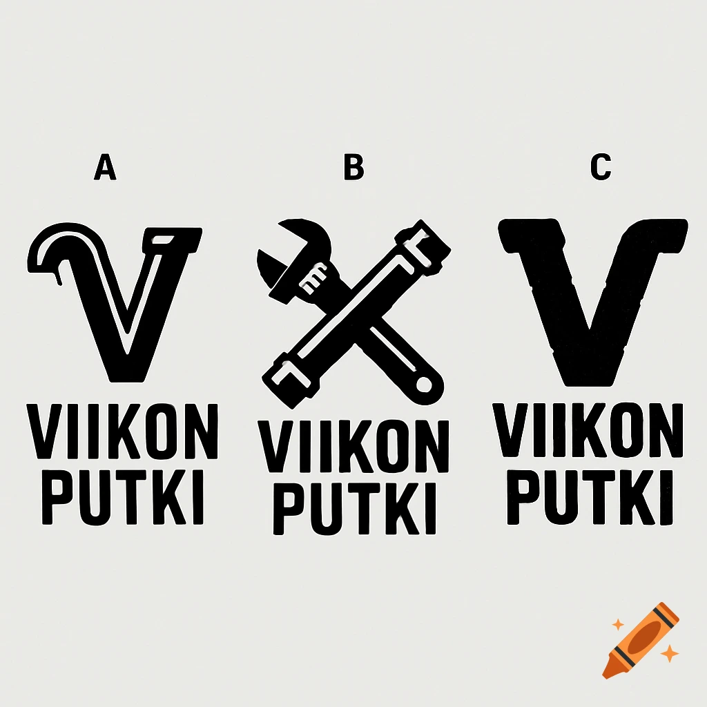 Three black and white logo concepts for 'Viikon Putki' plumbing company. Concept A is a V-shaped pipe, B is crossed pipe and wrench, C is a blocky V.