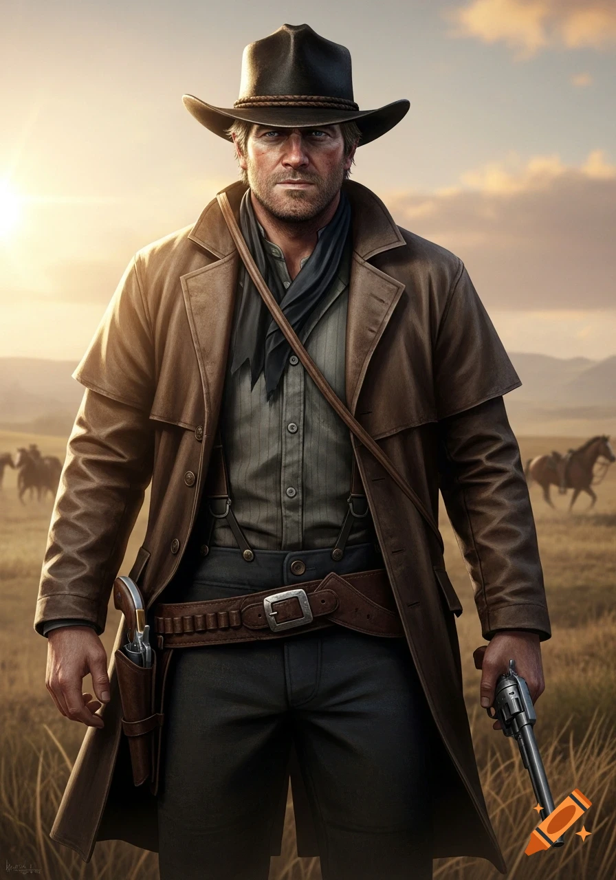 A rugged, photorealistic cowboy with a hat, duster coat, and revolver stands in a grassy field at sunset with horses in the background.